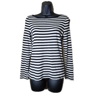Women's Petite Black and White Glitter Striped Top